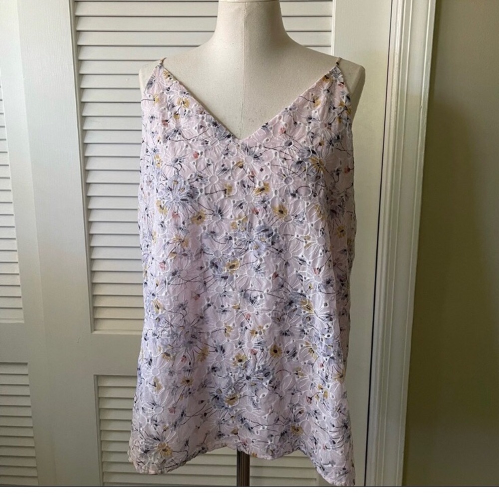 LOFT Pink Floral Eyelet V Neck Bar Back Cami Tank Top Blouse - Picture 3 of 7